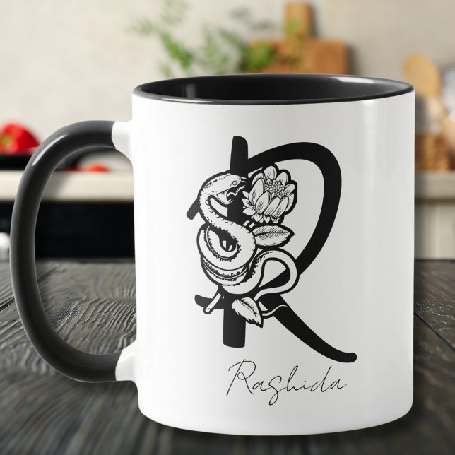 Letter R | Black Monogram–Snake & Bloom Minimalist Mug (Creator Uploaded)