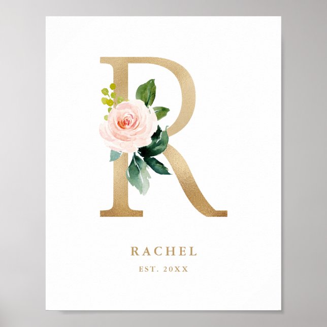 Letter R Blush Floral Monogram Gold Foil Nursery  Poster (Front)