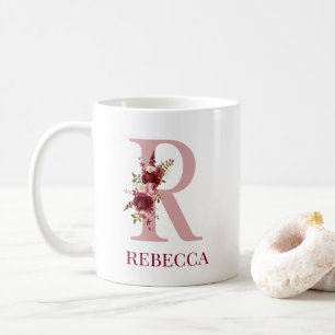 Letter R Burgundy Blush Floral Coffee Mug