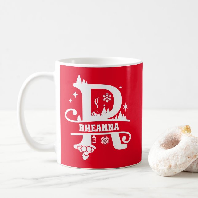 Letter R Christmas Monogram Initial Name Red  Coffee Mug (With Donut)
