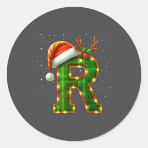 Letter R Christmas Plaid Santa Hat Monogram Initia Classic Round Sticker