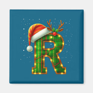 Letter R Christmas Plaid Santa Hat Monogram Initia Magnet