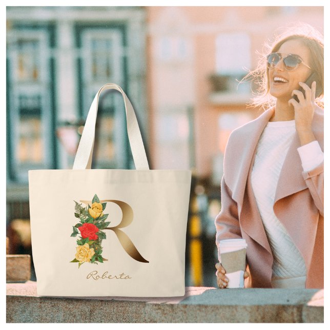 Letter R Elegant Floral Gold Monogram  Large Tote Bag (Creator Uploaded)