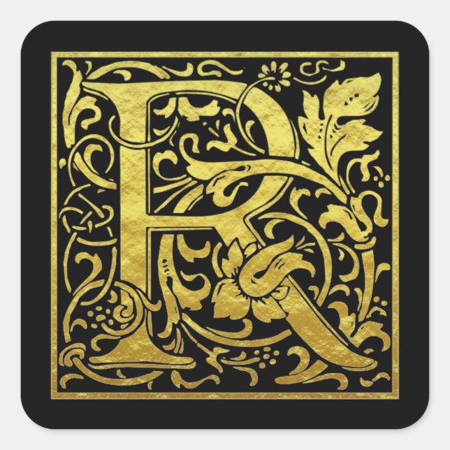 Letter R First Letter Faux Gold Black Square Sticker (Front)