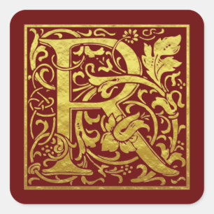 Letter R First Letter Faux Gold Red Square Sticker