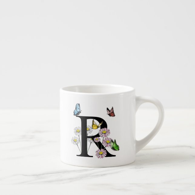 Letter R Floral Butterfly Monogram Initial   Espresso Cup (Right)