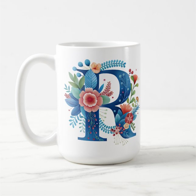Letter R Floral coffee Mug with custom name (Left)
