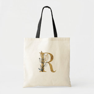 *~* Letter R Gold Monogram Initial Black Leaves Tote Bag