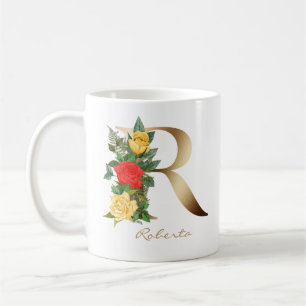 Letter R Gold Monogram Yellow Red Roses Floral Coffee Mug