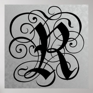 Letter R, Gothic Monogram Black Poster