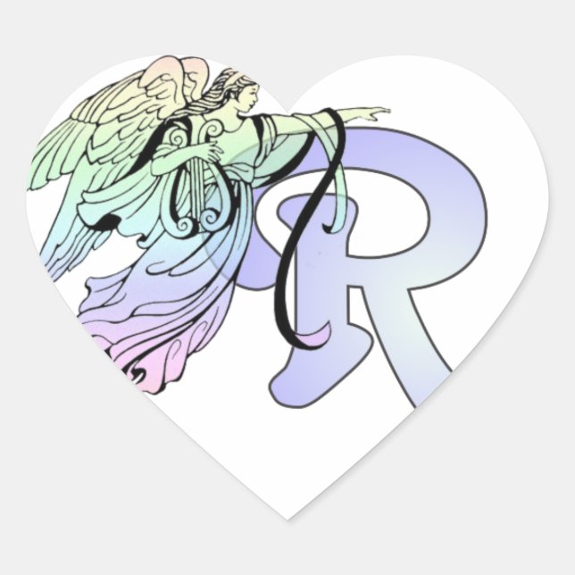 Letter R Initial Monogram Guardian Angel Blue Past Heart Sticker (Front)