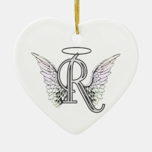 Letter R Initial Monogram with Angel Wings & Halo Ceramic Tree Decoration