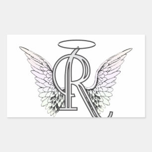 Letter R Initial Monogram with Angel Wings & Halo Rectangular Sticker