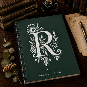 Letter R Linocut Botanical Monogram Notebook