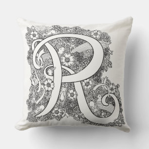 Letter R mono doodle tangled patterned pillow