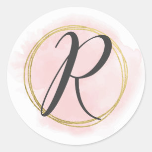 Letter R Monogram Blush Pink Watercolor Gold Chic Classic Round Sticker