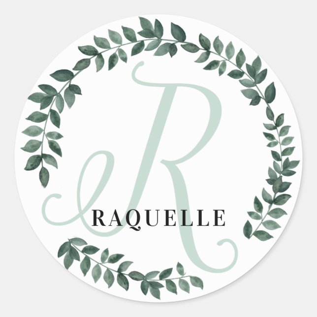 Letter R Monogram Custom Name Minimalist Botanical Classic Round Sticker (Front)