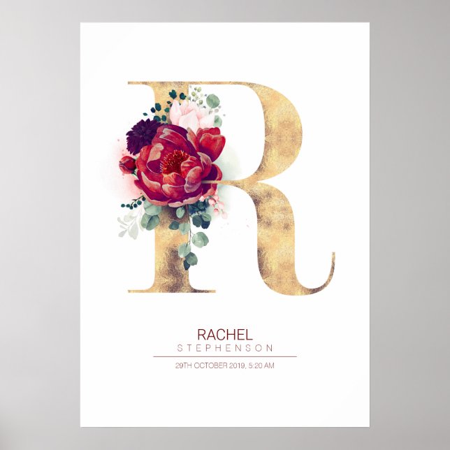 Letter R Monogram Floral Burgundy Red and Gold Poster (Front)