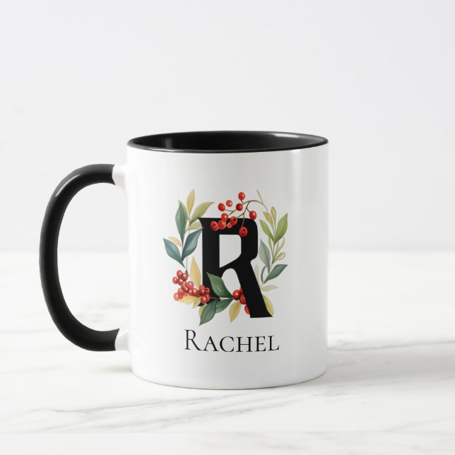 Letter R Monogram Initial Christmas Berry Wreath Mug (Left)