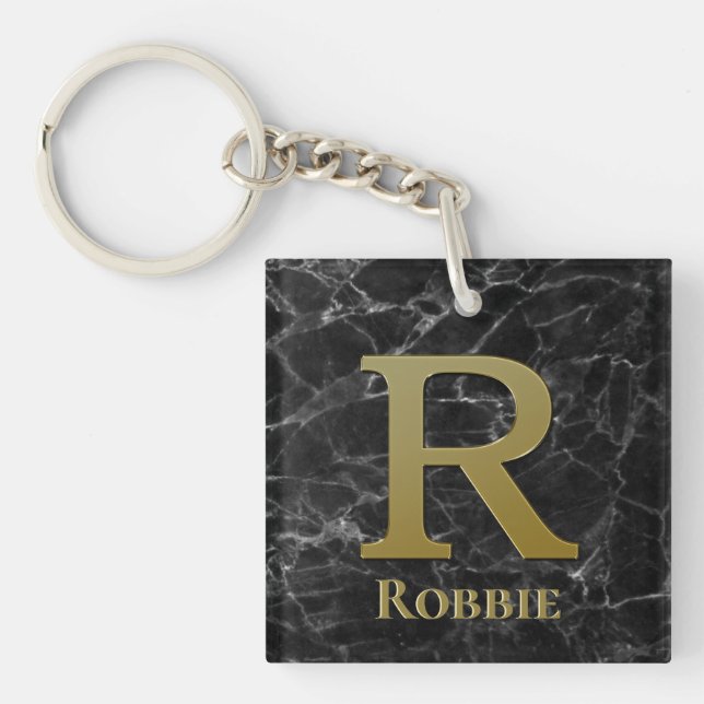 Letter R Monogram on Black Marble Key Ring (Front)