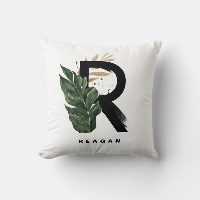 Letter R Monogram Palm Leaves Tropical Cushion (Front)