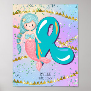 Letter R Monogram Watercolor Cute Mermaid Nursery Poster