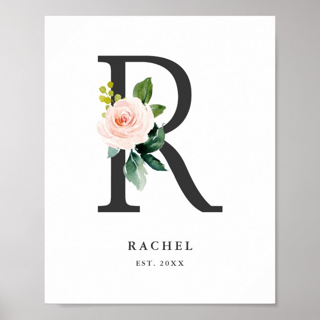 Letter R Monogram Watercolor Peach Florals Nursery Poster (Front)