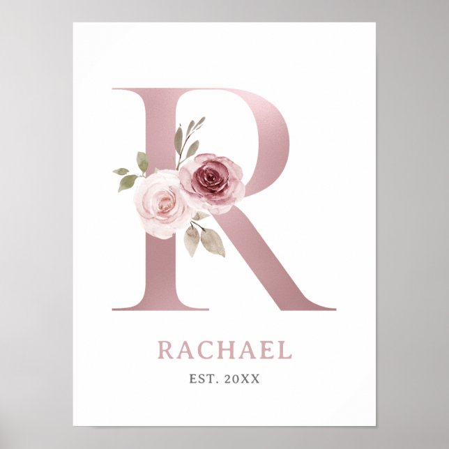 Letter R Monogram Watercolor Rose Florals Nursery  Poster (Front)