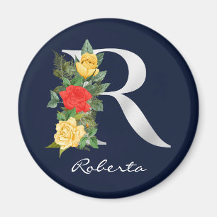 Letter R   Name   Floral White Metallic Monogram Magnet