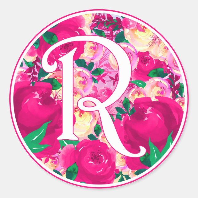 Letter R Pink Watercolor Floral Circle Monogram Classic Round Sticker (Front)