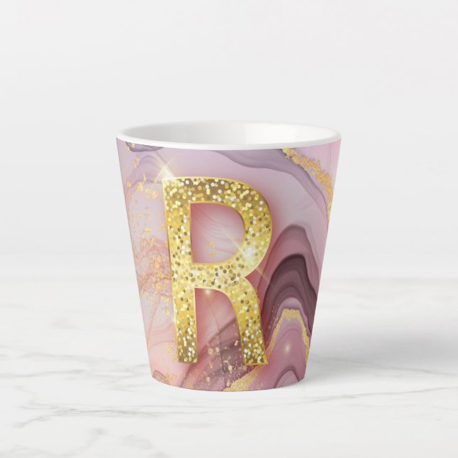 Letter R Pretty Girly RoseGold Glitter Pink Marble Latte Mug (Front)