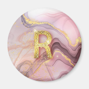 Letter R Pretty Girly RoseGold Glitter Pink Marble Magnet