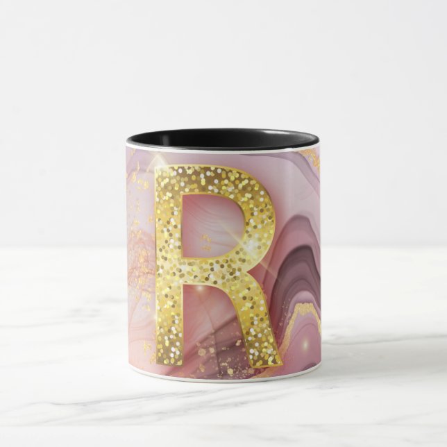 Letter R Pretty Girly RoseGold Glitter Pink Marble Mug (Center)