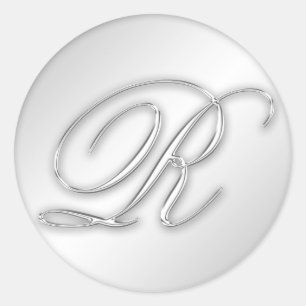 Letter R script initial faux silver monogram favou Classic Round Sticker