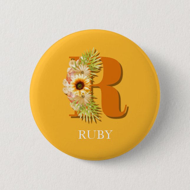 Letter R Sunflower Floral Monogram with Name 6 Cm Round Badge (Front)