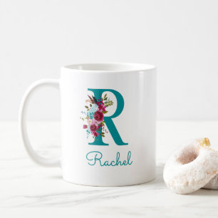 Letter R Teal Pink Floral Coffee Mug