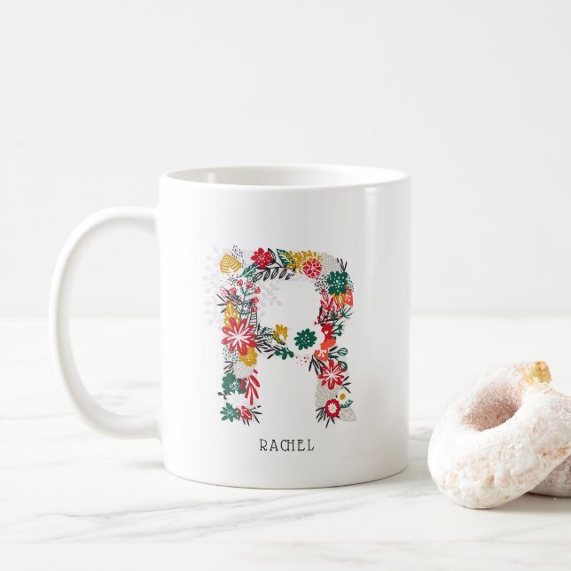 Letter R | Whimsical Floral Letter Monogram I Mug (With Donut)
