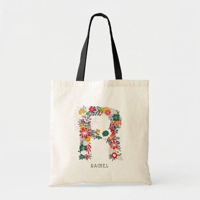 Letter R | Whimsical Floral Letter Monogram I Tote Bag (Front)