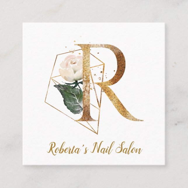 Letter R with Gold Geometric Design and Flowers Square Business Card (Front)