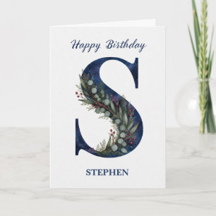 Letter S Birthday for Him Personalised Name Blue Card
