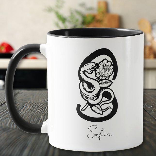 Letter S | Black Monogram–Snake & Bloom Minimalist Mug (Creator Uploaded)