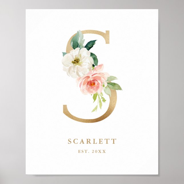 Letter S Blush Floral Monogram Gold Foil Nursery Poster (Front)