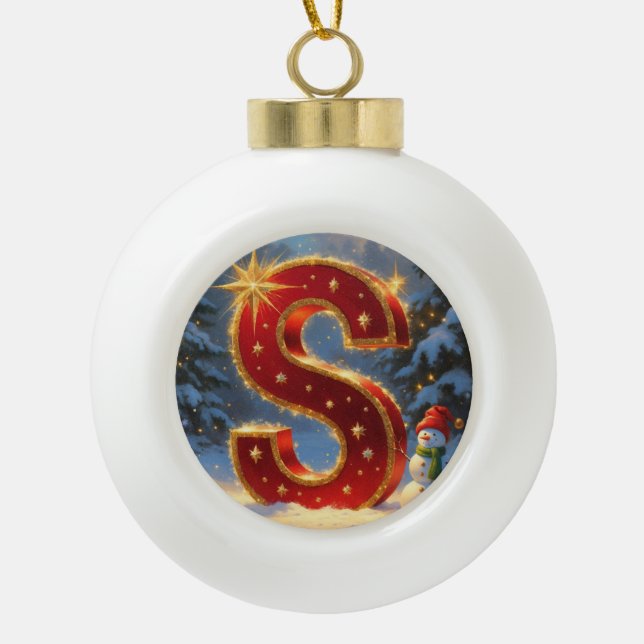 Letter S Christmas Snowman Personalized Initial Ceramic Ball Christmas Ornament (Front)