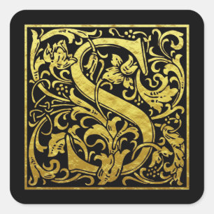 Letter S First Letter Faux Gold Black Square Sticker