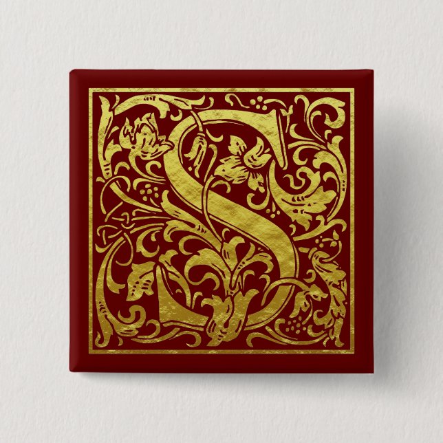 Letter S First Letter Faux Gold Red 15 Cm Square Badge (Front)