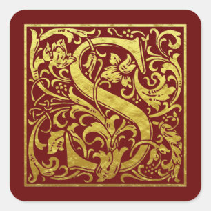 Letter S First Letter Faux Gold Red Square Sticker