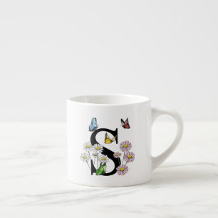 Letter S Floral Butterfly Monogram Initial   Espresso Cup