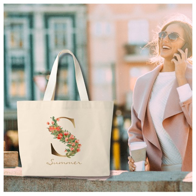 Letter S Floral Gold Monogram Orange Flowers Large Tote Bag (Creator Uploaded)