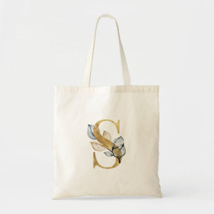 *~* Letter S Gold Monogram Initial Black Leaves Tote Bag
