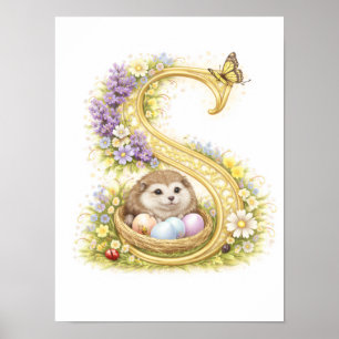 Letter S Gold Spring Nature Monogram Hedgehog Kids Poster